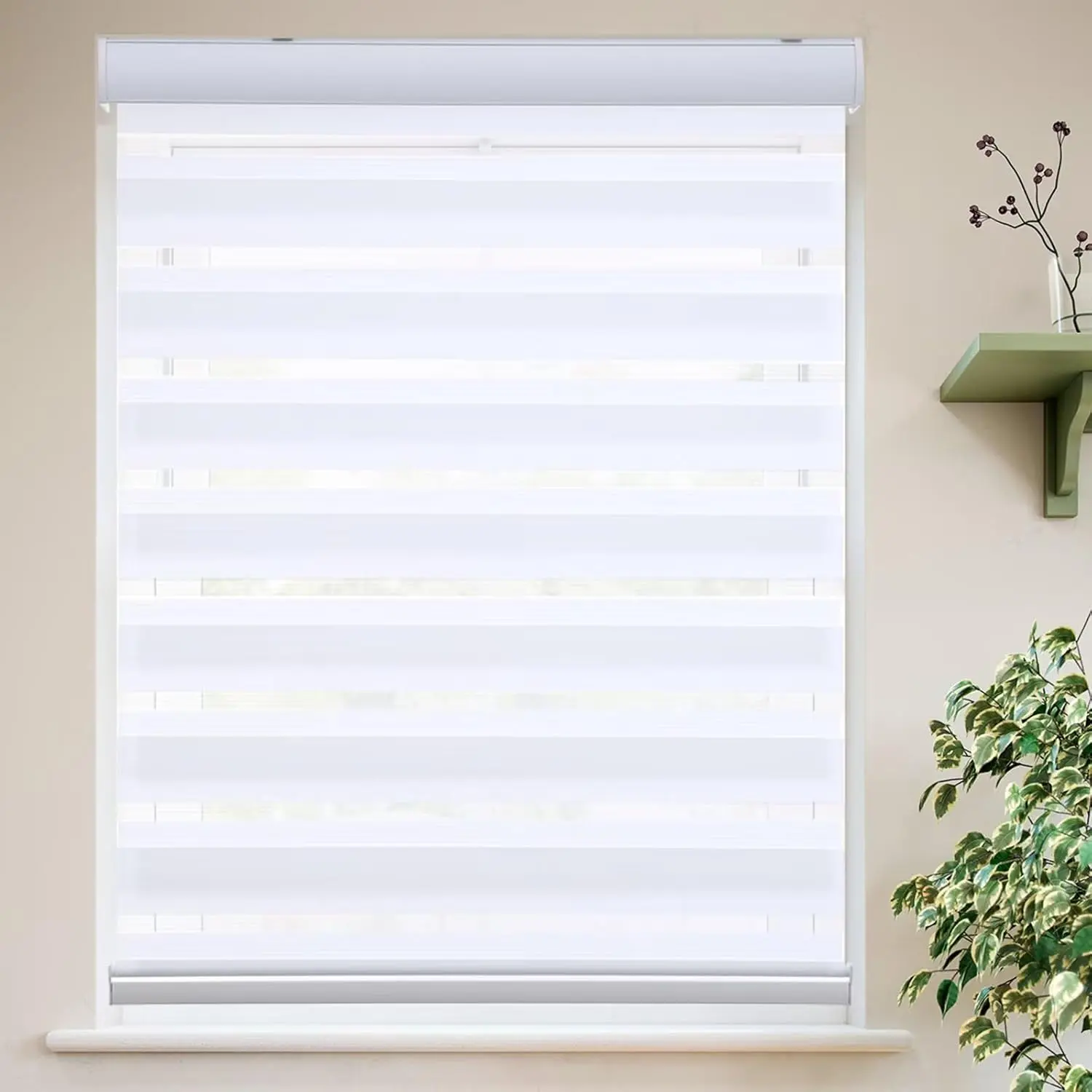 White Cordless Day and Night Zebra Blinds, Indoor Windows Dual-Layer Roller Shades with Light Filtering, Easy Install, 52" W x 72" H