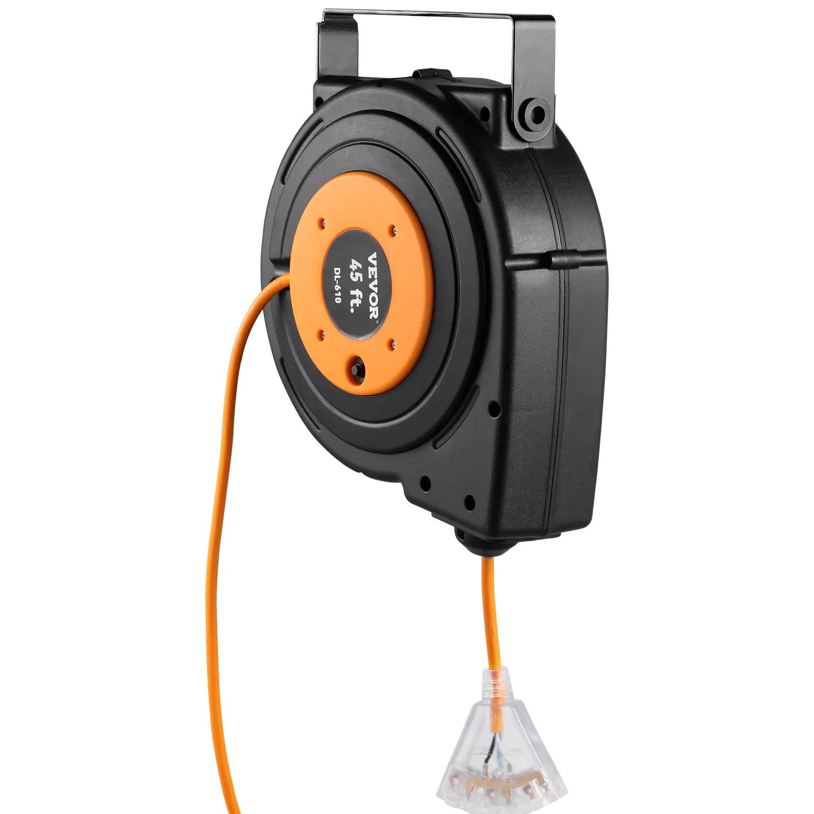 VEVOR Automatic Retractable AC Power Supply Cord Reel, Heavy-Duty 12AWG/3C SJTOW Water-Resistant 45FT Extension Cord, 180-Degree Swivel Mounting Bracket, 4.5FT Lead-In, Ozone-Resistant, Black, Tested to Standards, for DIY, Commercial Garage Use