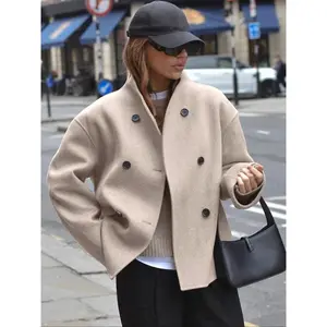 Women's Winter Fashion Y2K Style V Neck Long Sleeve Coat, Casual Fitted Woven Fabric Jacket for Fall & Winter Seasons