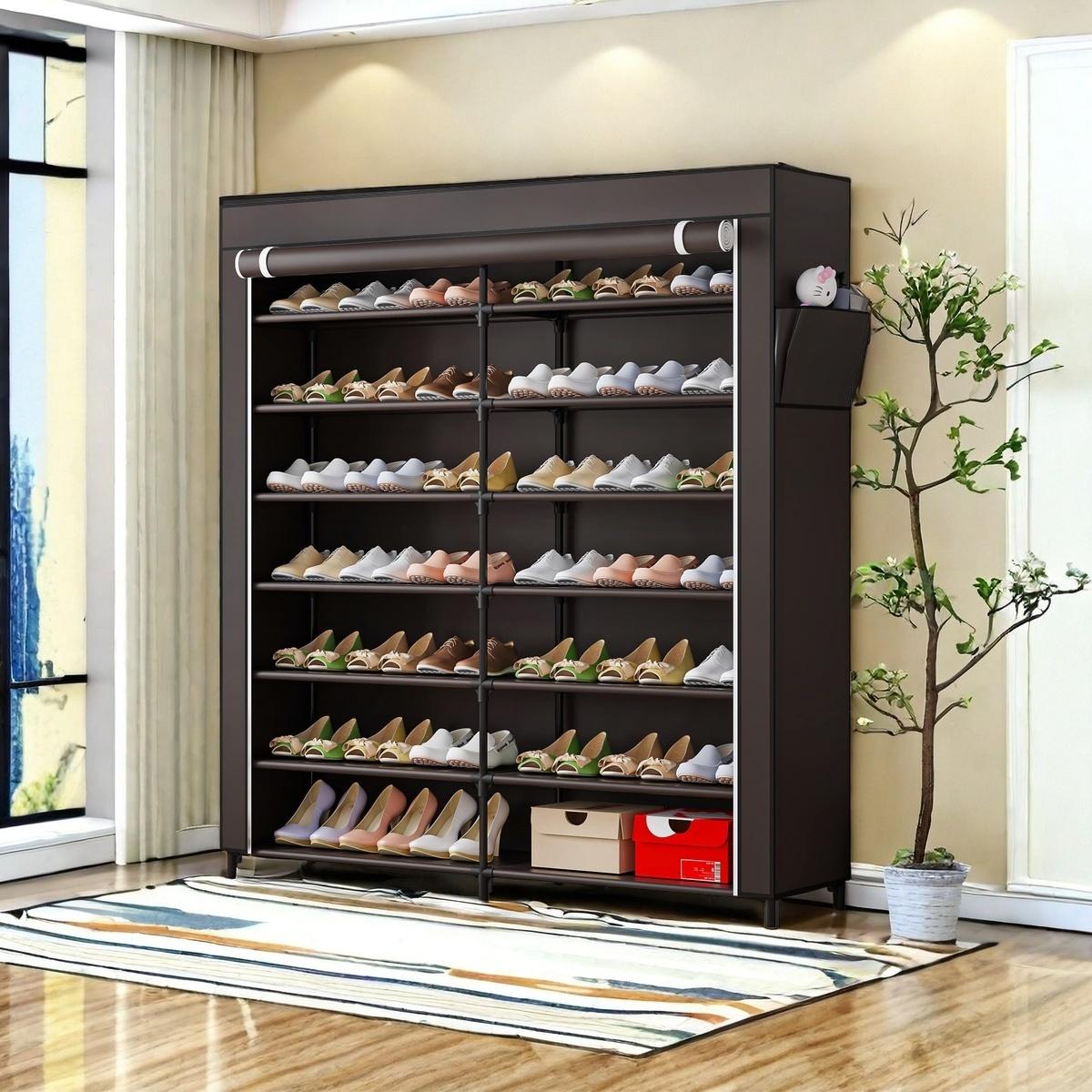 Shoe Rack Storage Organizer 7 Tier 42 Pairs Portable Metal Dust Cover Non Woven with Side Pocket Shoe Shelf Cabinet for Entryway Bedroom Closet, Coffee