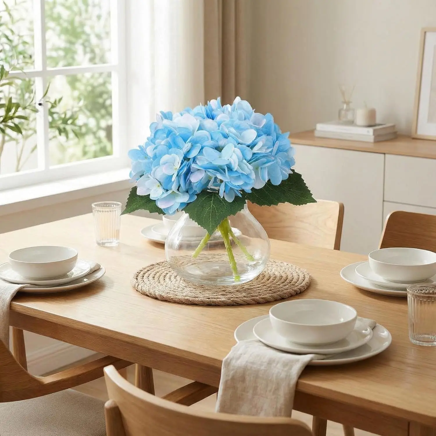 Gaomon Blue Lifelike Silk Artificial Hydrangea Flower Arrangement - Compact, Durable Decorative Set with Vase and Fake Water, Home Table Decor for Coffee Table, Bathroom Centerpiece