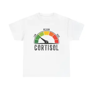 Cortisol Meter Graphic T-Shirt – Funny Stress Level Gauge Tee (Low Medium High) – Mental Health Humor Shirt – Unisex Softstyle Top – Black, White, Sand, Navy