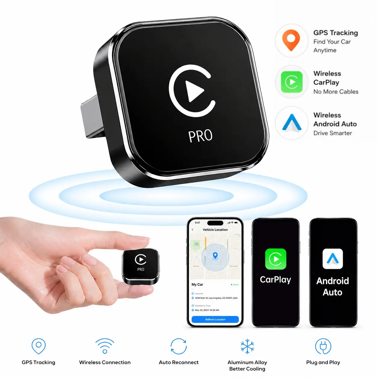 Wireless CarPlay Adapter Pro features GPS vehicle tracking, wireless CarPlay and Android Auto, quickautomatic reconnection, plug and play, and is compatiblewith vehicles with factory wired CarPlay.
