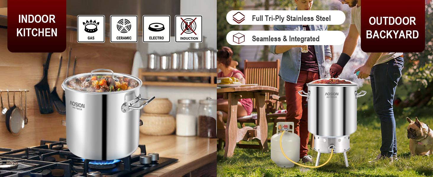 24 Quart Stainless Steel Stock Pot With Lid, 3-IN-1 Heavy Duty Tamale Steamer Pot with Visible Lid for Pasta, Soup,Large Pot for Cooking with Steam Rack,Dishwasher & Oven Safe Cookware Glass