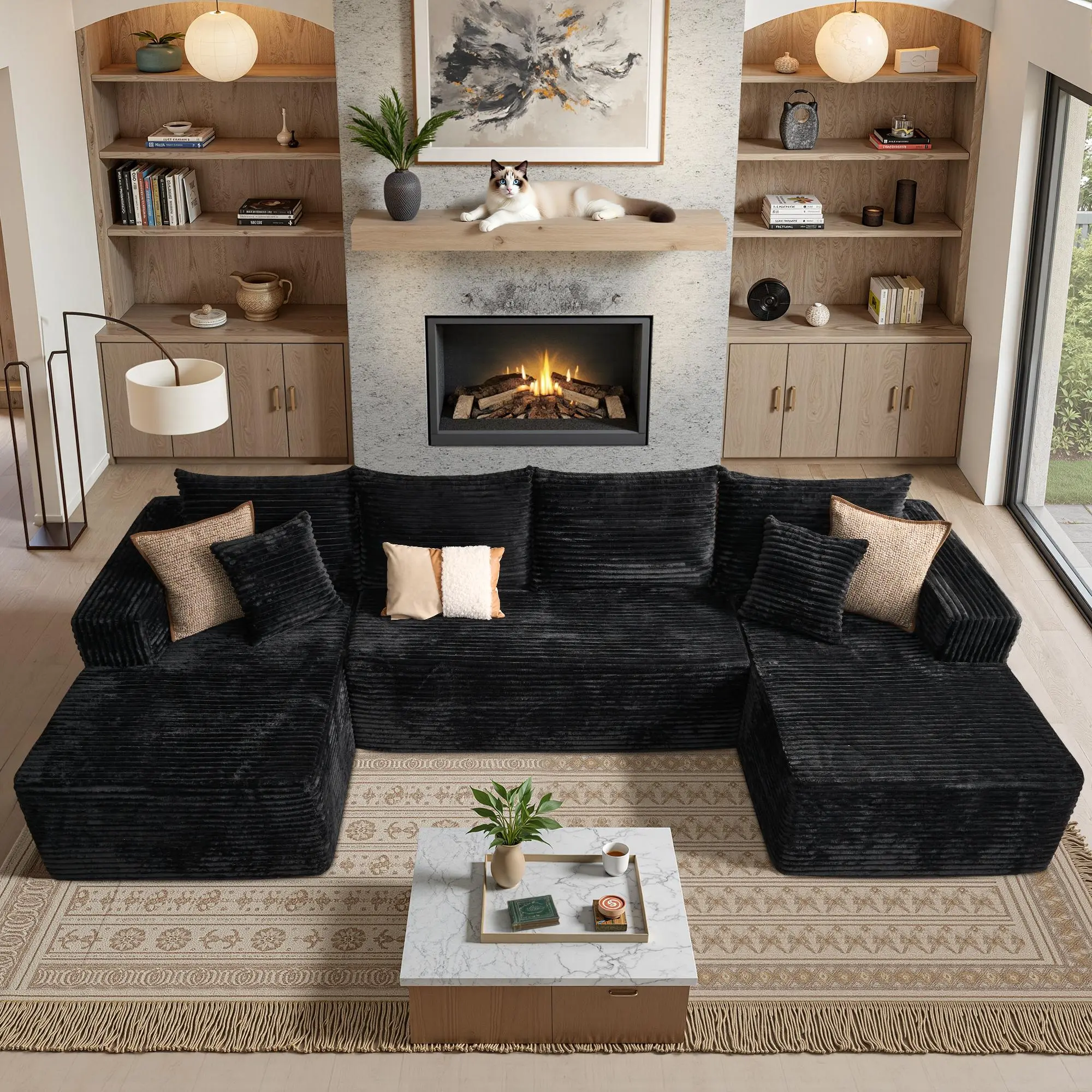 OOSWIFT 135" L/U Shaped Modern Boneless Couch Cloud Modular Sectional Sofa With Removable Ottomans & Chaise - Plush Corduroy ,Deep Seat, No Assembly Required for Living Room,Upholstered Couches,Christmas gift