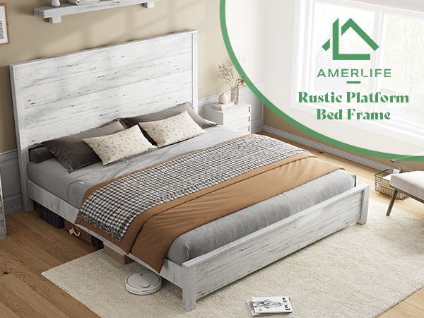 AMERLIFE 51.2" Wood Bed Frame, Rustic Platform Bed with Spliced Headboard, Wood Slats Support/Noiseless/No Box Spring Needed,Best Gift Ideas/Christmas Gifts