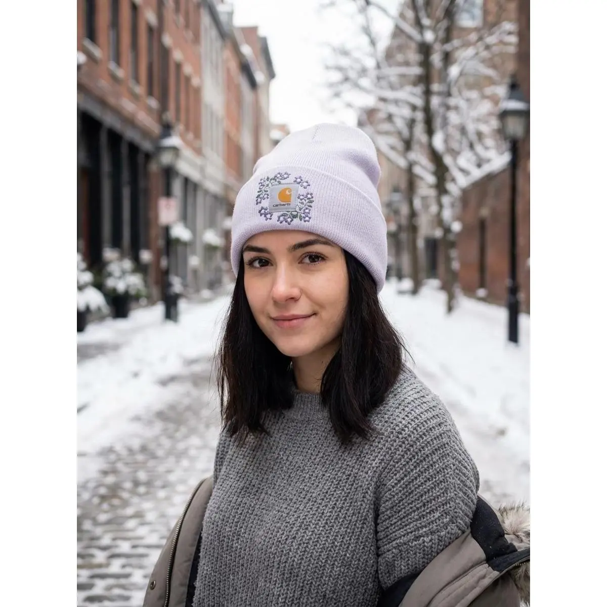 Women’s Floral Embroidered Knit Beanie –Lilac, Soft, Warm Winter Hat with flowers and Pastel Stitching