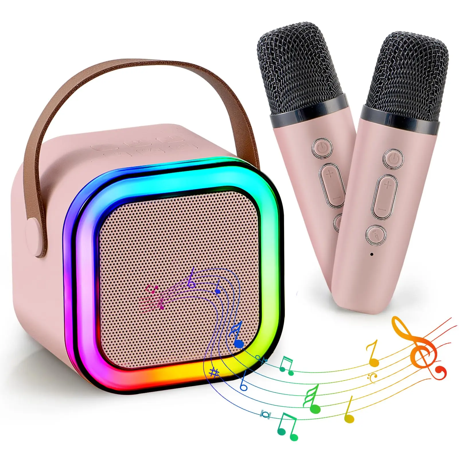 Portable Bluetooth Karaoke Machine Speaker with 2 Wireless Microphones, LED Lights, AUX/USB Compatibility, Stereo HIFI Subwoofers, ABS Durable Build, Outdoor Audio for Wireless Karaoke (White)