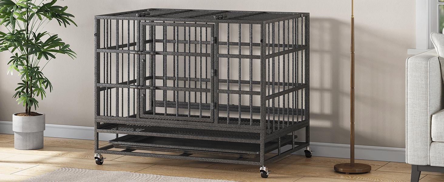 Collared Eagle Heavy-Duty Dog Cage 38" x 48", Reinforced Bottom Panel, Supports up to 200 lbs, Double Door Design, Wheels, Indoor Kennel for Large Breeds, Top-Loading Portable Enclosed Enclosure