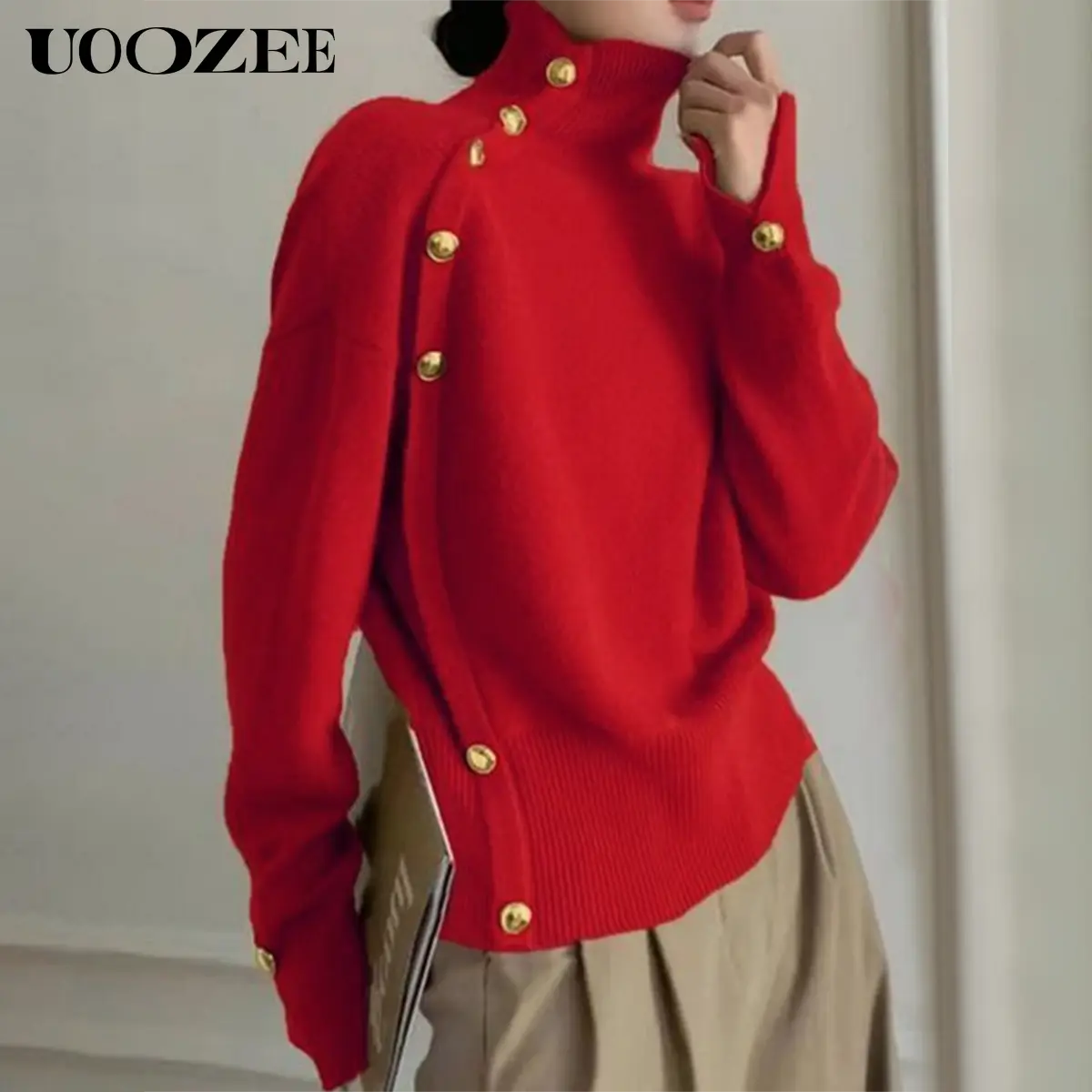 UOOZEE Women's Thick Long-Neck Knit Pullover Top - Loose, Buttoned, Solid-Color, Minimalist, Cozy Long Sleeve Outfits for Autumn Winter Elegant Casual Occasions (Womenswear Knitwear, Cozy Women's Pullovers)