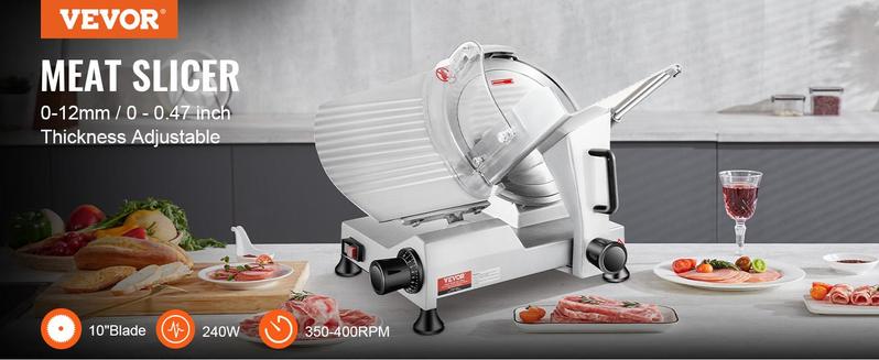 VEVOR 240W Commercial Meat Slicer,  Electric Deli Food Slicer, 10" Carbon Steel Blade Electric Food Slicer, 350-400RPM Meat Slicer, 0 - 0.47 inch Thickness Adjustable for Commercial and Home Use