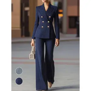 Women's Fall Winter New Fashion Elegant Simple Line Double-Breasted Button Suit Set, Office Commute Wear, Stylish Business Attire