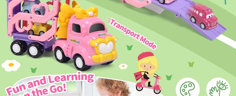 Cute Stone Princess Truck Toys Set with 31.5 in Extra Long Track Slide 3 Layer Foldable Transport Carrier Vehicle Light & Sound for Little Girls, Valentine's Day gift