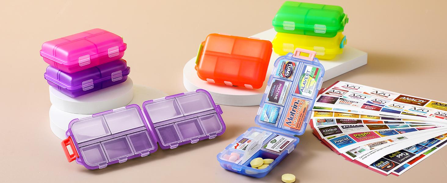 Travel Pill Organizer Box with 146 Labels, 10 Compartment Small Pill Case Medicine Kit, Portable Pocket Purse Pharmacy, Daily Weekly Vitamin Supplement Medication Holder Travel Pill Organizer Box with 146 Labels, 10 Compartment Small Pill Case Medicine Kit, Portable Pocket Purse Pharmacy, Daily Weekly Vitamin Supplement Medication Holder