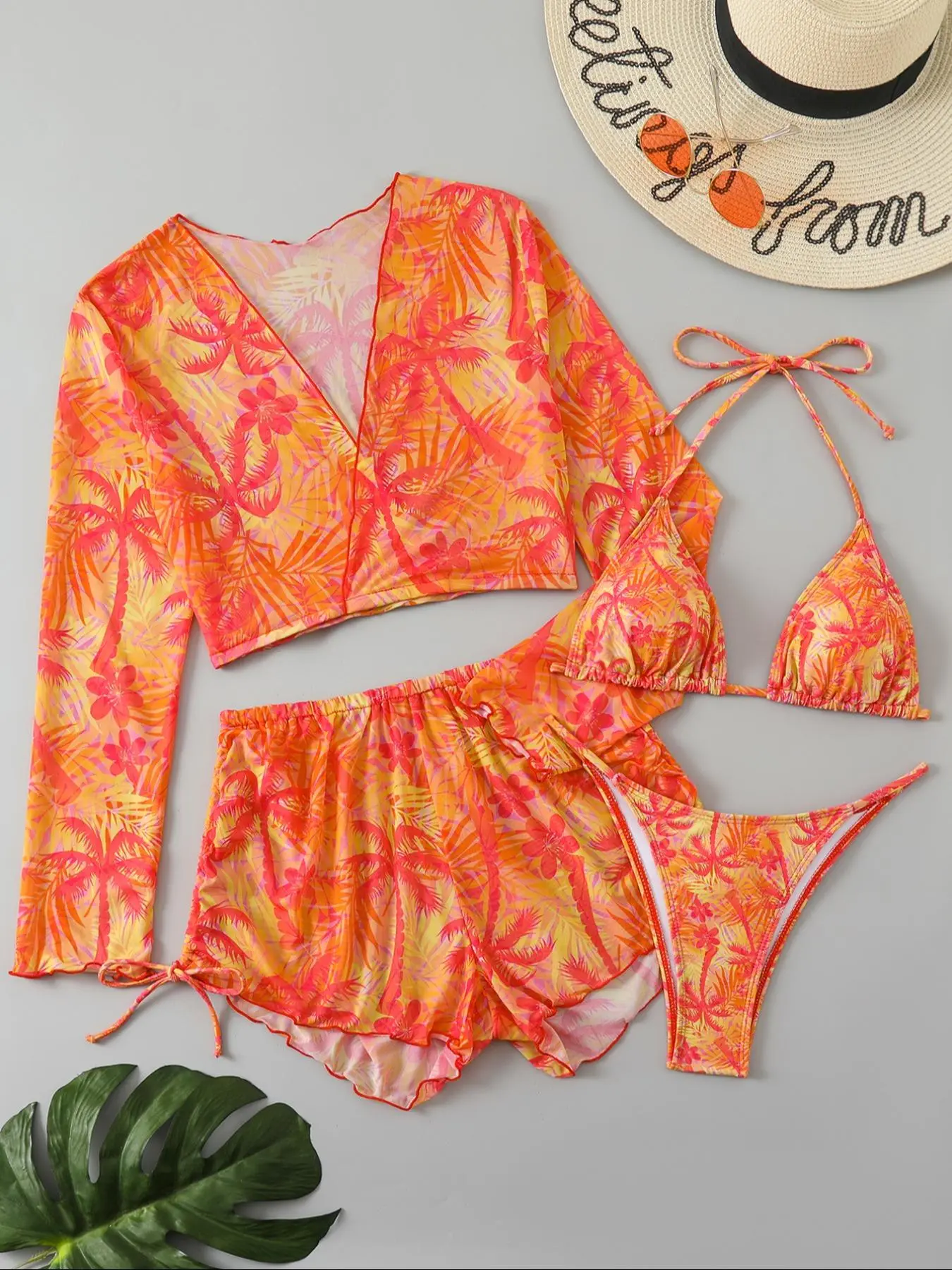 Women's Plant Print Bikini Set, Chic 2-Piece Swimsuit for Women, Fashion Bathing Suit for Beach Holiday Vacation, Bikini Sets, Bathing Suit Women Set