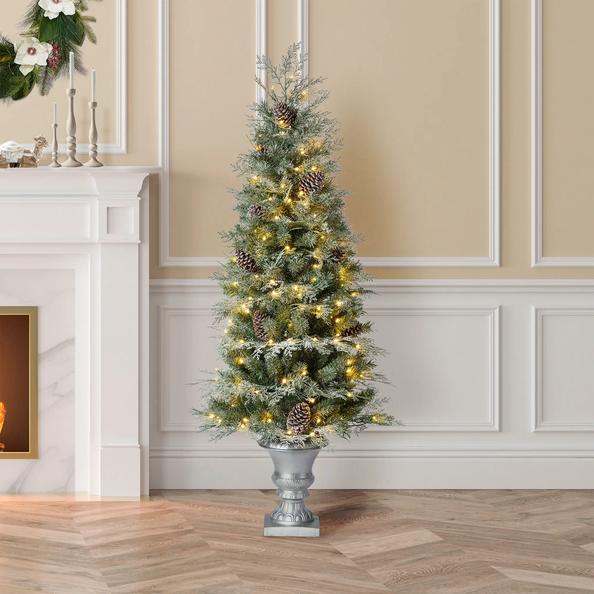 Glitzhome 4ft-5ft Pre-Lit Pine Artificial Christmas Floor Tree, Indoor/Outdoor Porch Holiday Decorative LED Tree with Warm White LEDs & Pinecones, Home Event Supplies, Modern Outdoor Decorations, Pine Tree