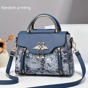 Elegant Handbag for Women, Geometric Print, Multi-Layered Fashion Shoulder Bag with Zipper Closure, Polyester Lined, Edge Paint Detail, Versatile for Various Occasions - Blue/White/Pink/Black