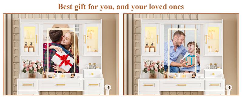 【Valentine's Day gift】Makeup Vanity with HD Mirror, Dressing Table with Adjustable LED Lighting, Vanity Desk Ample Storage & Built-In Power Outlets – Perfect for Beauty Essentials and Home Use