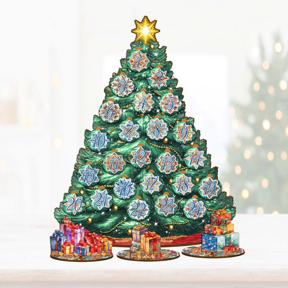 Designocracy 8091504 12.5 in. Wooden Advent Calendar - Collaborative Fun Indoor Collectible Tabletop Christmas Decoration with Tree Ornaments & Tiny Twinkling Lights (Office Calendars & Planners Supplies)