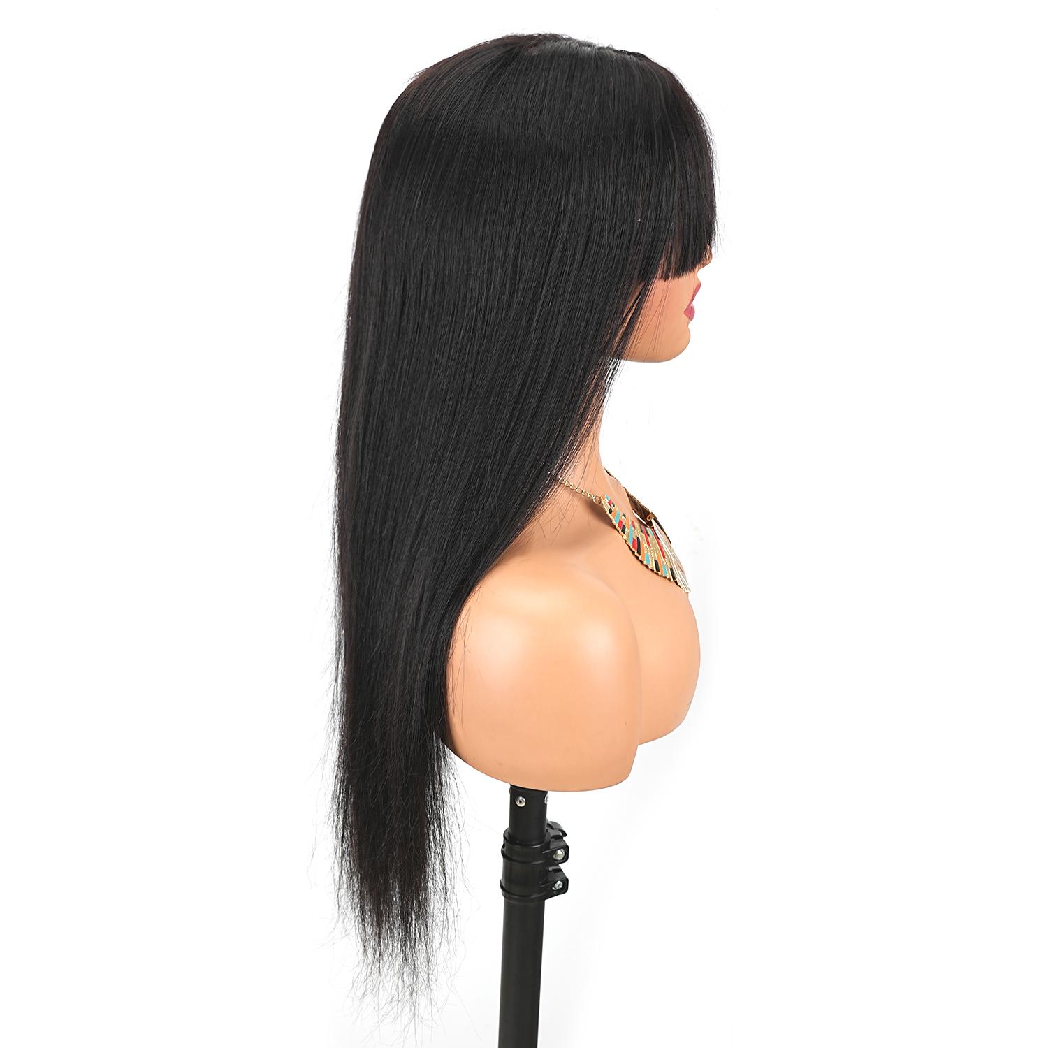 [New In Upgrade With Drawstring] Mamushow Straight Wigs with Bangs Human Hair 2x4 Lace Wig with Drawstring 180% Density Middle Part for Black Women Glueless Machine Made Wigs