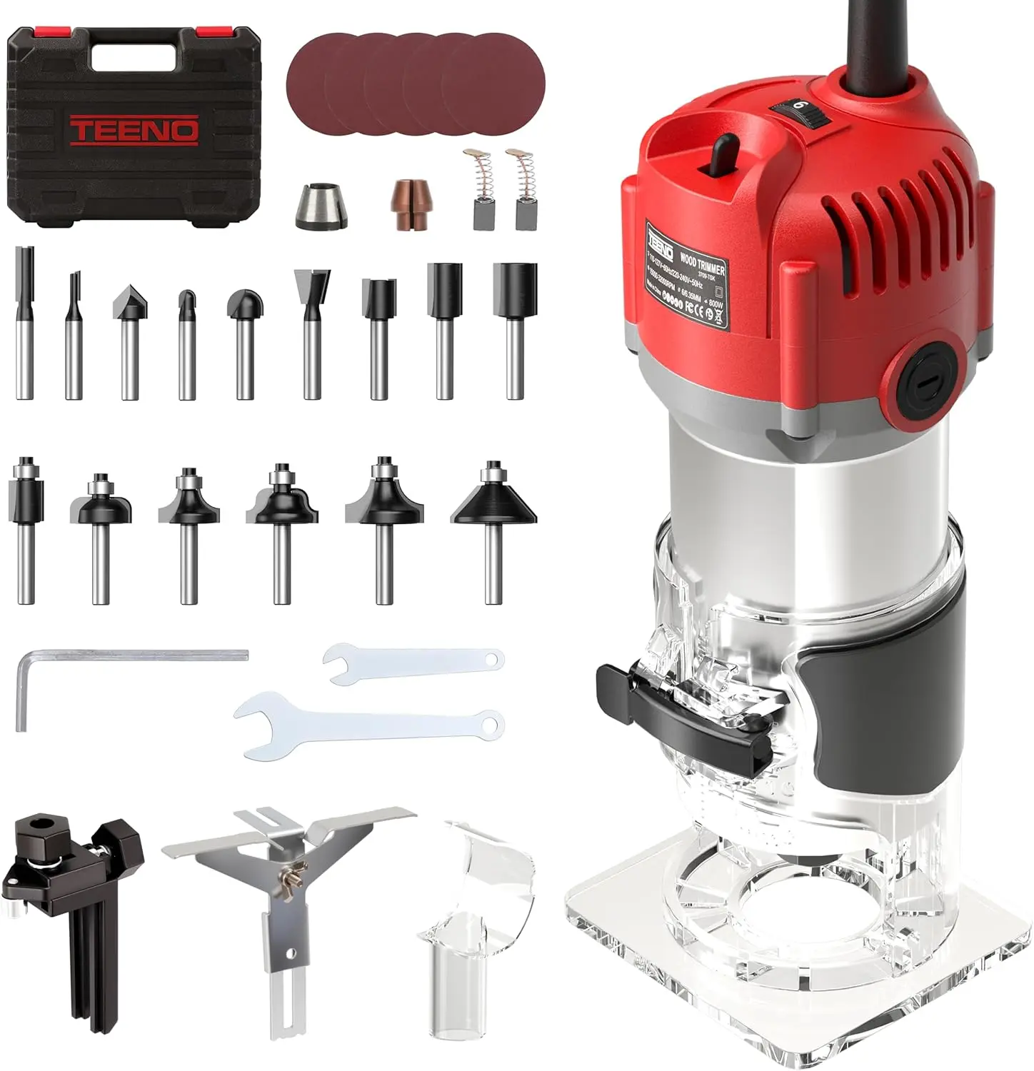 TEENO Wood Router Tool, 6.5 Amp 1.25 HP Wood Routers for Woodworking, Aluminum 1/4" Compact Router with 15-Piece Tungsten Carbide Router Bits, 6 Variable Speeds, Edge & Roller Guides, Dust Hood, Case