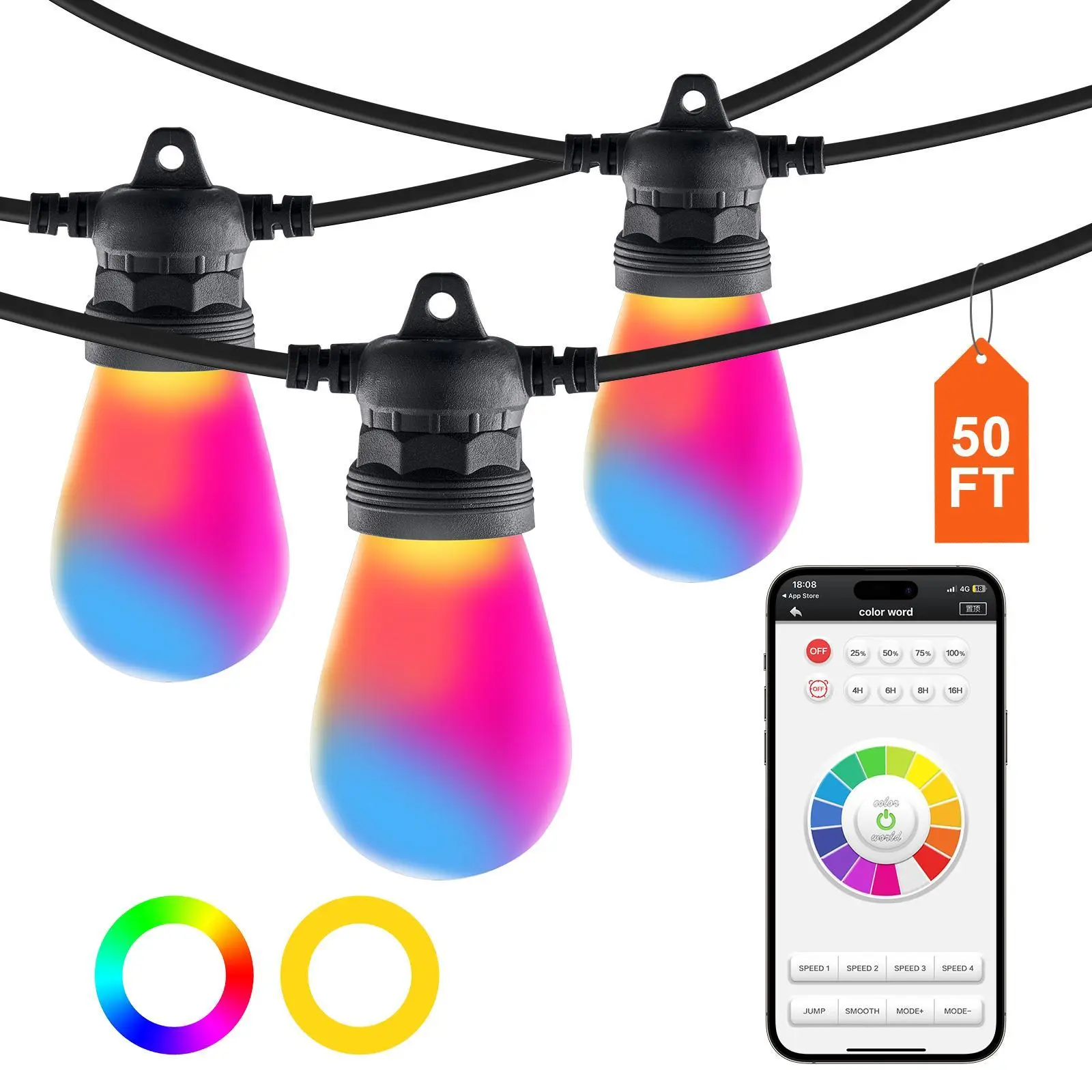【Summerfinds】VEVOR RGB Outdoor String Lights 50FTOutside Patio Lights with APP Control 15 Bulbs15 Single-Color Adjustable Brightness Time SettingWaterproof Hanging Lights for Halloween Decorations Christmas
