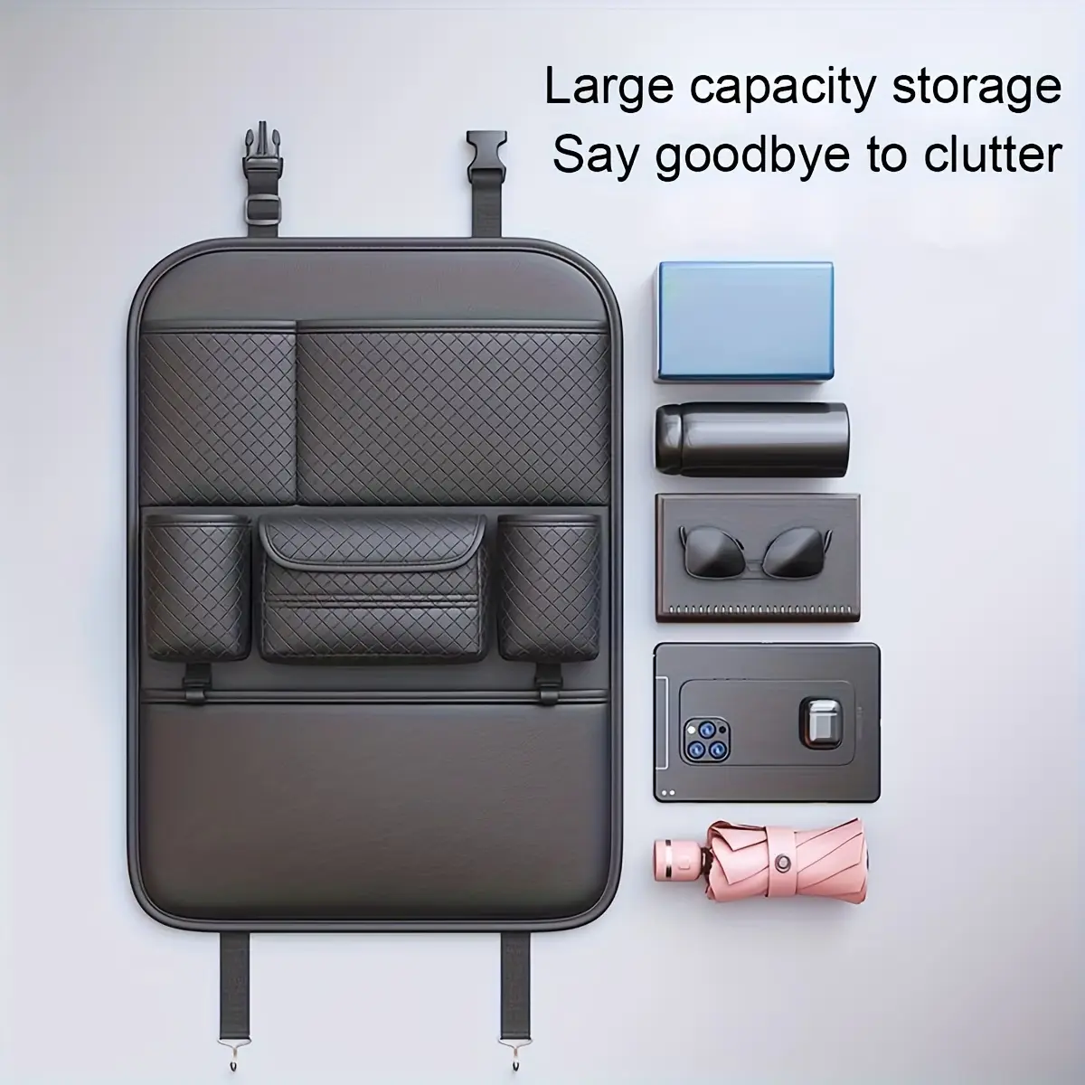 [Stylish Car Seat Organizer] High Quality 1pc Black PU Leather Car Seat Back Organizer | Large Capacity Multi Compartment Storage Bag for Water Bottles, Tablets, Laptops And Accessories - Stylish Backseat Organizer for Easy Car Storage