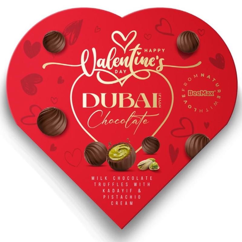 BeeMax Valentine’s Limited Edition Dubai Style Chocolate Truffles - 4.24oz Heart-Shaped Gift Box (Pack of 1) - Premium Milk Chocolate w/ Pistachio Cream & Crunchy Kadayif - Gourmet Candy for Your Loved One