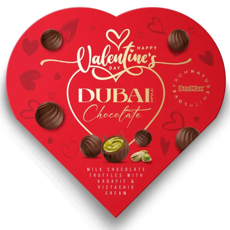 BeeMax Valentine’s Limited Edition Dubai Style Chocolate Truffles - 4.24oz Heart-Shaped Gift Box (Pack of 1) - Premium Milk Chocolate w/ Pistachio Cream & Crunchy Kadayif - Gourmet Candy for Your Loved One