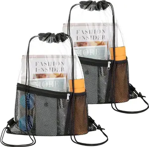 NATURAL STYLE 2 PACK Clear Drawstring Bag Stadium Approved, See through Transparent PVC Drawstring Backpack, Clear Bag for for Concert Sport Festival Travel Work (Black)