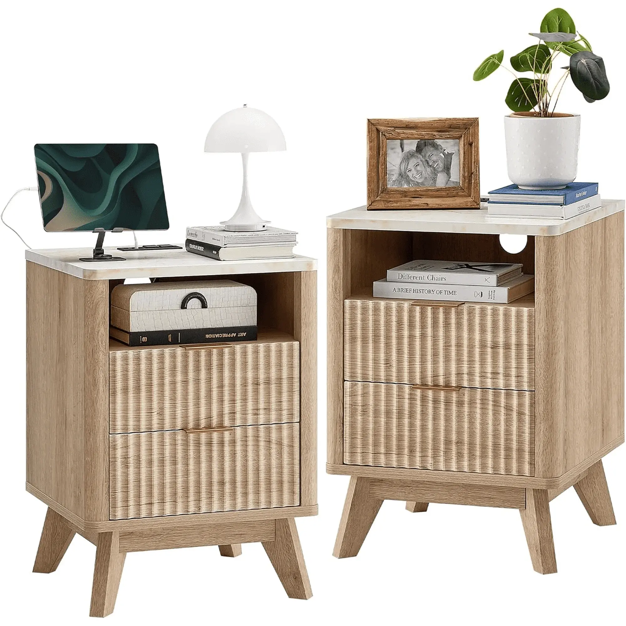 Sweetcrispy Modern Rustic Nightstand with Drawers - Assembled LED Lights, White Oak Tabletop, Particleboard Build, Storage Compartment, Quick Set-Up, Fits Most Beds, Home Decor, Bedroom Inspo, Pinterest Bedroom, Small Room Ideas Indoor Apartment Furniture