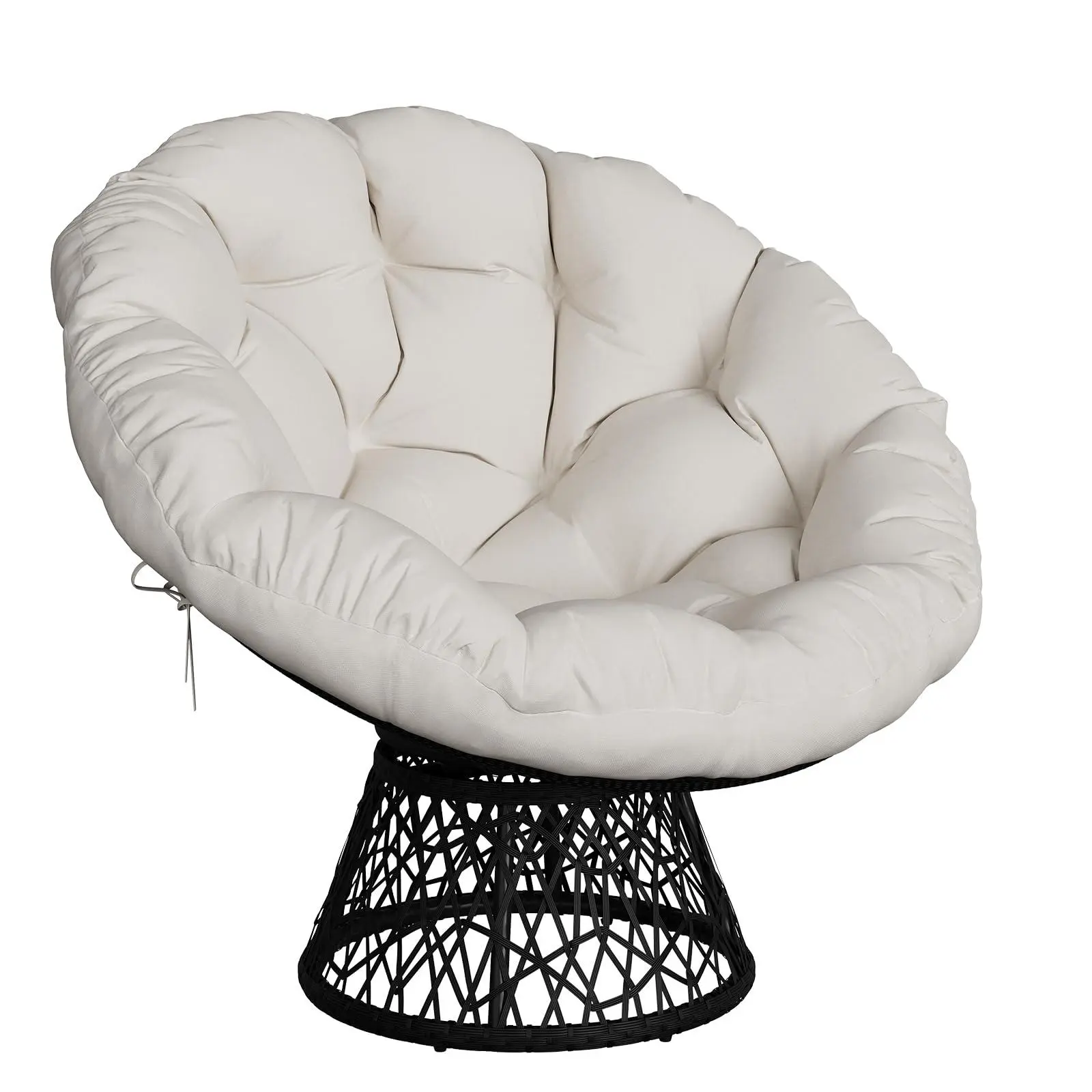 Beige Modern Round Saucer Papasan Chair - Ergonomic Resin Wicker Indoor Furniture, 37" Sturdy Metal Steel Frame, 40" Wide Extra-Thick Soft Fabric Cushion, Extra-High Filling, 360° Swivel Base, 350 lbs Capacity for Living Room, Entertainment Spaces, Durabl