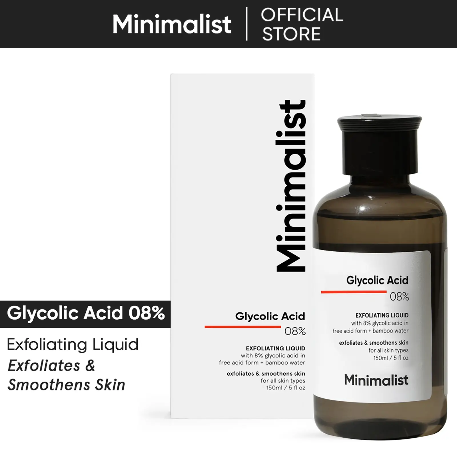 Minimalist Glycolic Acid 8% Exfoliating Toner for Glowing Skin | Multi-functional Exfoliating Toner With Bamboo Water for Body, Face, Underarms & Scalp | For Women & Men | 5 Fl Oz/150 ml