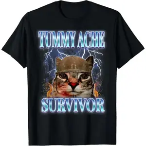 Enjoyable Tummy Ache Survivor Cat Meme Graphic Tee for Adults and Kids Cartoon Animal Short Sleeve Casual Wear