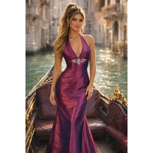 Halter Taffeta Formal Dress with Open Back and Flared Skirt