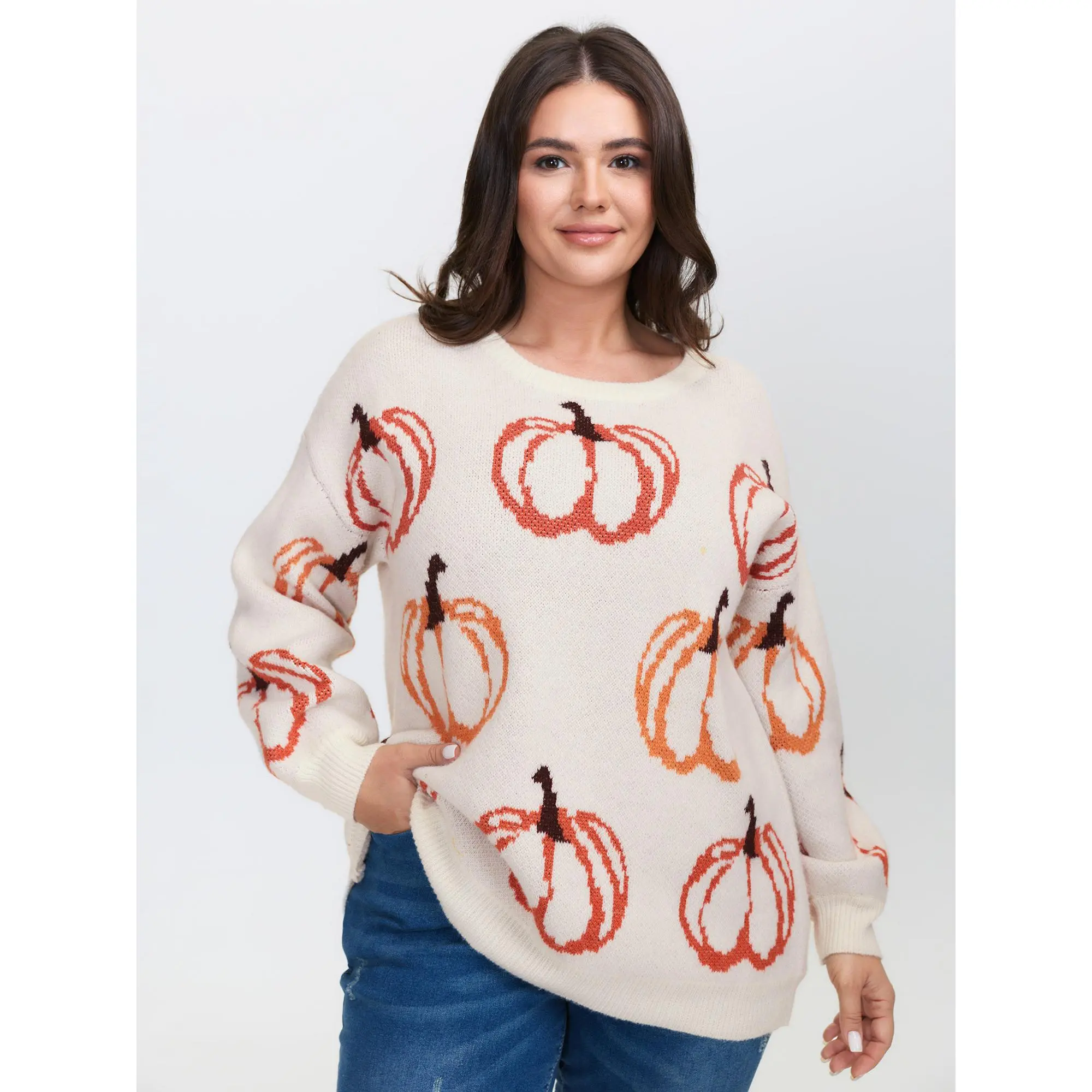 BloomChic Women's Plus Size Pumpkin Print Jacquard Knit Sweater - Long Sleeve Crew Neck, Soft Cute Relaxed Fit, Polyester Nylon Fabric, Hand Wash, Fall Pullover Knitwear, Plus Size Fashion, Curvy Clothing, Women's Tops, Thanksgiving Essential