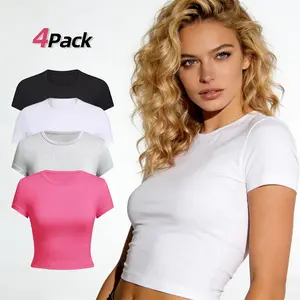 4/1 Pack Women’s Solid Round Neck Crop Top Slim Fit Baby Tee Sports Shirt for Yoga Gym Y2K Daily Casual Wear