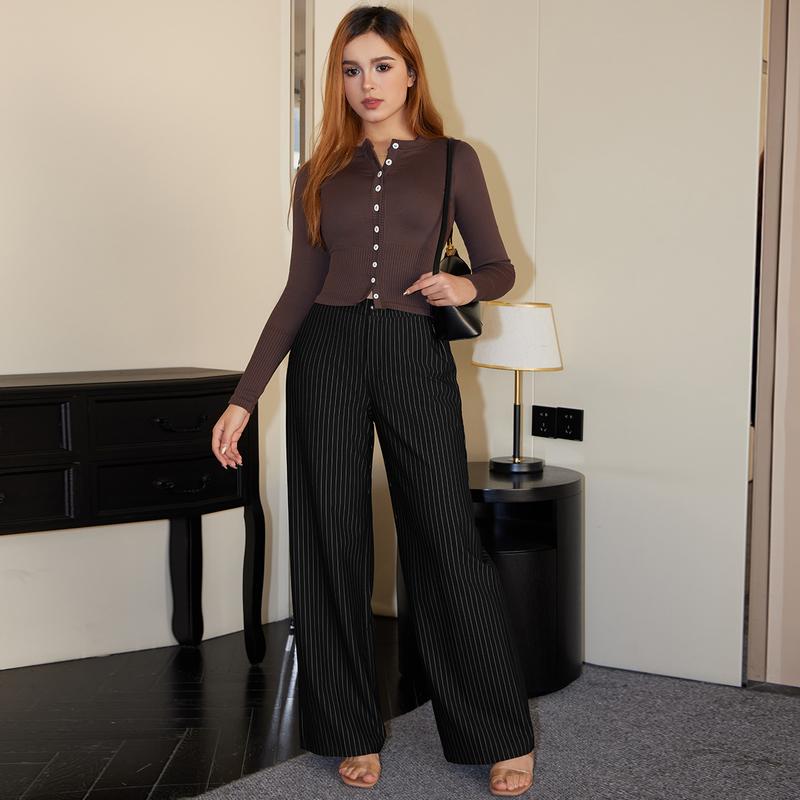 OQQ Women's Striped Trousers High Waisted Pinstripe Flare Trouser
