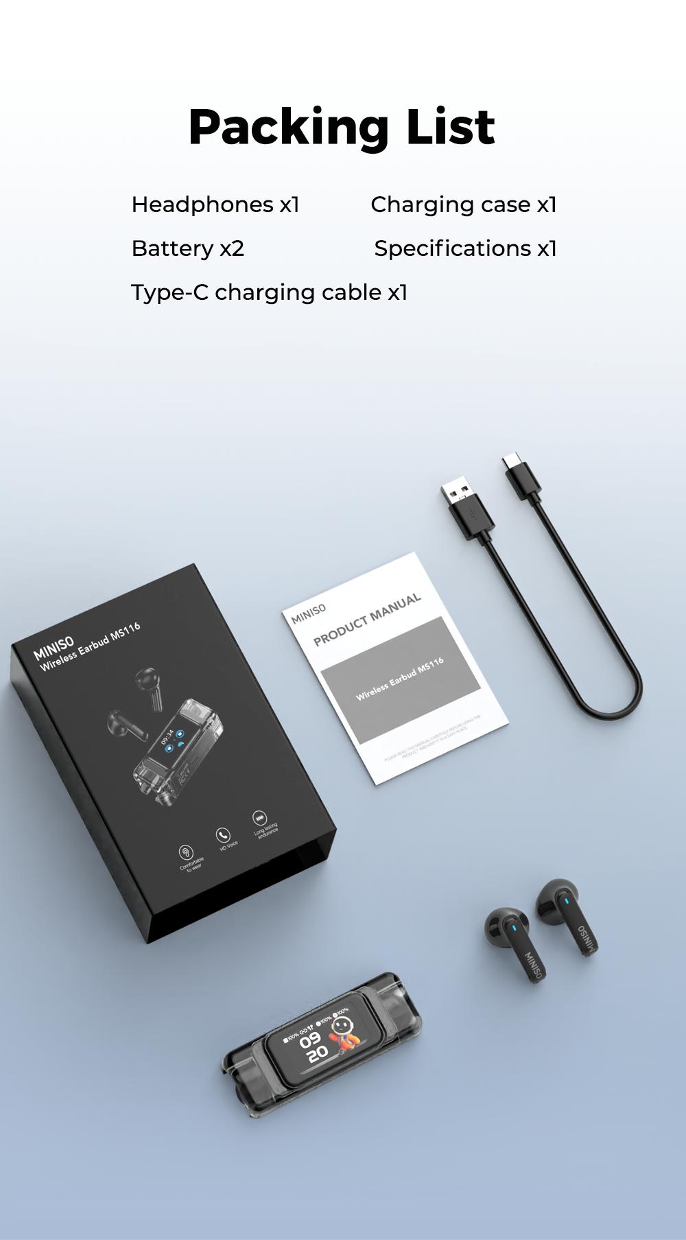 MINISO MS116 Wireless Earbuds Bluetooth 6.0 Earphones, In Ear Earbuds,LED Display High Fidelity Waterproof Wireless Earphones, Suitable for Office, Sports, Study and Audio Calls, Built in Microphone, Gaming Bluetooth Headphones