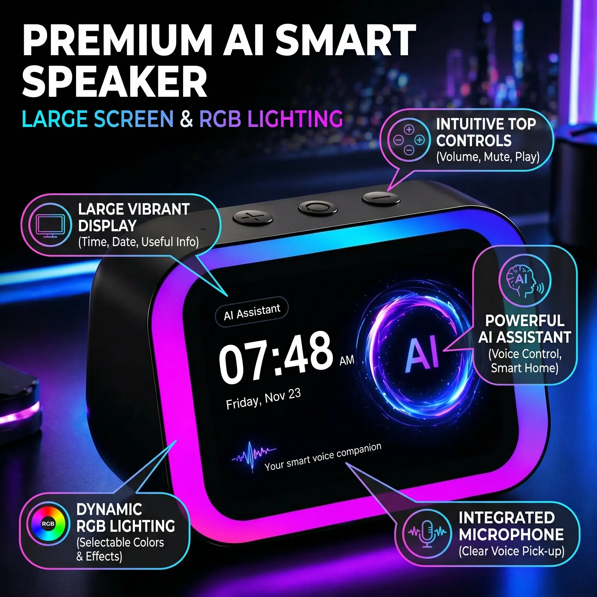Aesthetic Single Compact Digital Alarm Clock with Voice Assistant, Display Module Alarm Clock with Live Weather for Bedroom Home Office, Digital Alarm Clocks