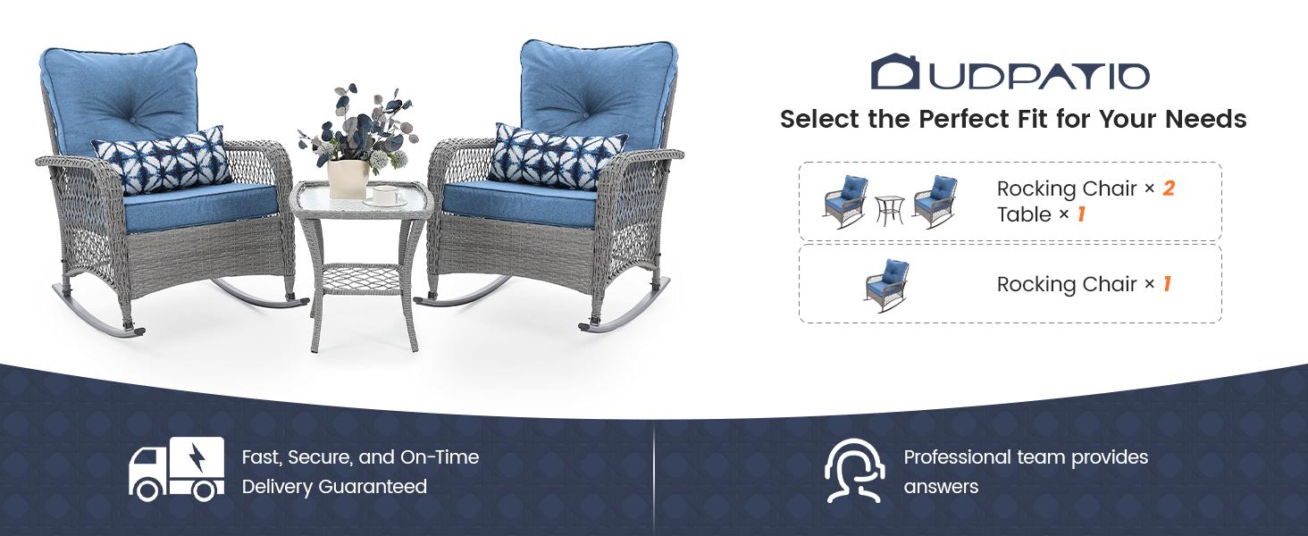 Spring Greenish UDPATIO Outdoor 3 Piece Patio Furniture Set Wicker Rocking Chair Set with 2 Rockers, 1 Side Table and 4‘’ Thick Cushions Chair Lounge for Backyard, Porch, Balcony SpringGardening