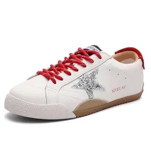 Women's Genuine Leather Star Casual Training Girl Sneakers - Trendy Glitter Low-Top Walking Shoes with Comfortable Rubber Sole