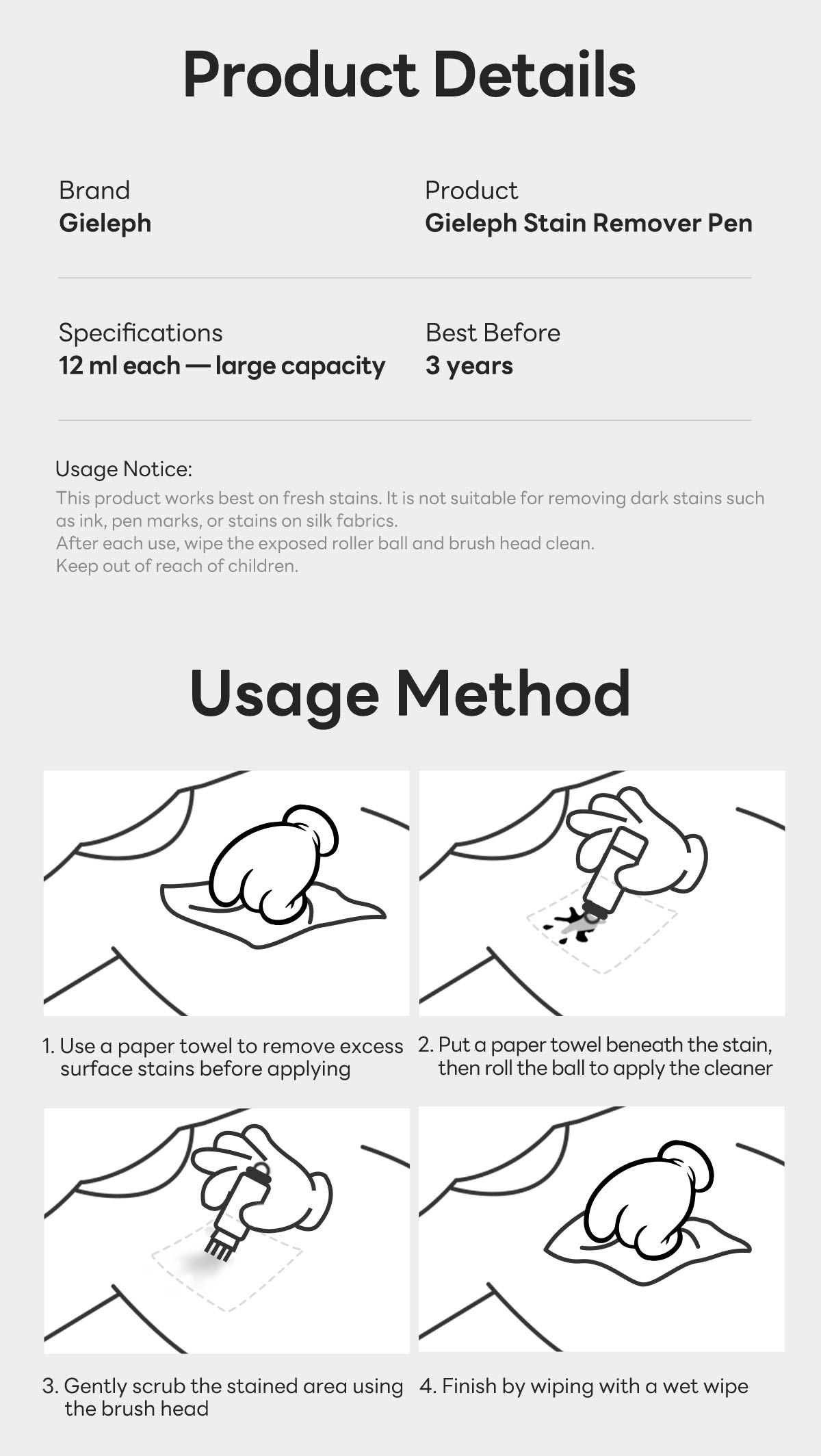 Gieleph Instant Stain Remover Pen for Clothes Fabric Shoes & Bags Portable Dual-Head Stain Eraser Pen Quick Dry Cleaning Pen for Coffee Oil Makeup & Food Stains On-the-Go Fabric Cleaner Instant Spot Cleaner Laundry & Travel Essential Household