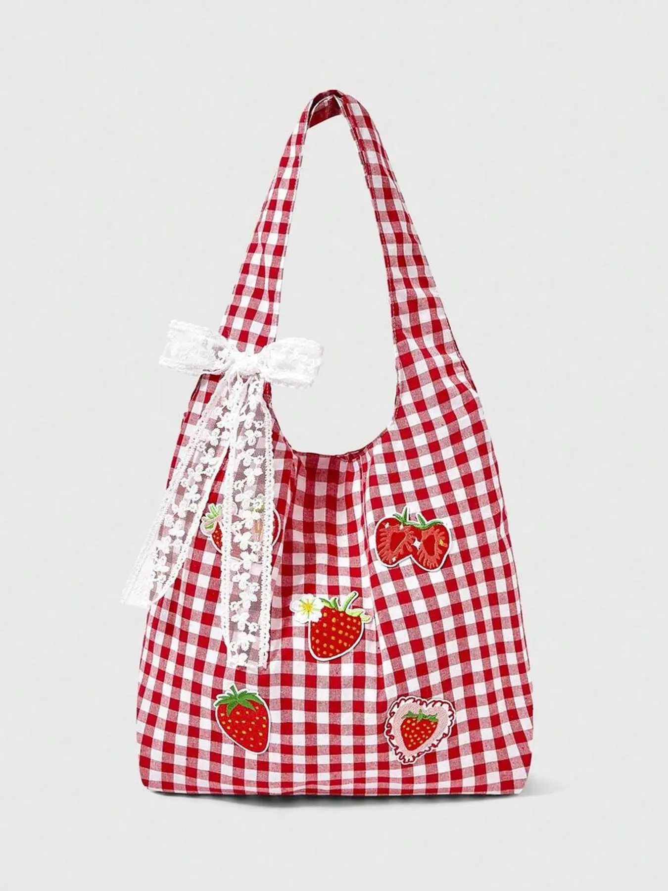 Retro, minimalist, fresh and artistic style, strawberry plaid Aesthetic Tote bag with lace bow decoration, niche personalized practical texture, large capacity shoulder bag, suitable for dates, parties, shopping, Checkered Tote Bag