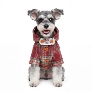 Vintage Red Plaid Hooded Pet Coat - British Style Winter Warm Dog Jacket with Cute Buttons for Small Medium Dogs Cats dog clothes cat clothes
