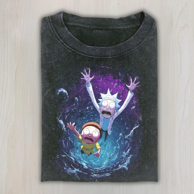 Rick And Morty Falling Into Portal T-Shirt, Chaotic Multiverse Adventure Meme Scene From Rick And Morty Cartoon Series Funny Sci Fi Parody Shirt, Unisex Cotton Crewneck T-Shirt Menswear Womenswear Streetwear Top