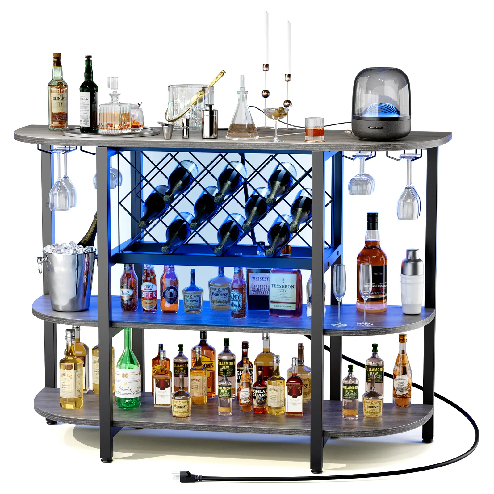 Sweetcrispy Wine Cabinet with RGB LED Lights, 155lb Capacity, Power Outlet, Metal Shelf, Glass Holder, Liquor Bottle Storage & Utensils Organizer - Home Table for Kitchen Use
