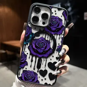 Purple Rose Pattern Premium Magnetic Phone Case for iPhone 17 16 15 14 Pro Max 13 12 11 Plus Shockproof Acrylic Cover Magsafe Compatible Protector Casing