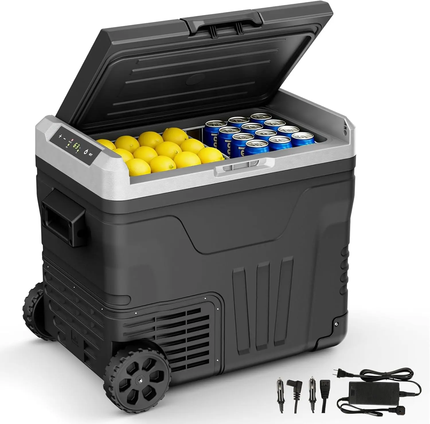 EUHOMY 12V Refrigerator (24/37/53Quart /23L/35L/50L) supports 12V/24V DC & 110-240V AC. Portable with -4°F~68°F range, it features wheels, 2 baskets, and large cooling zone. Ideal for RVs, travel, Truck, Boat, Insulated Portable Cooler, Cooler Carry Handl