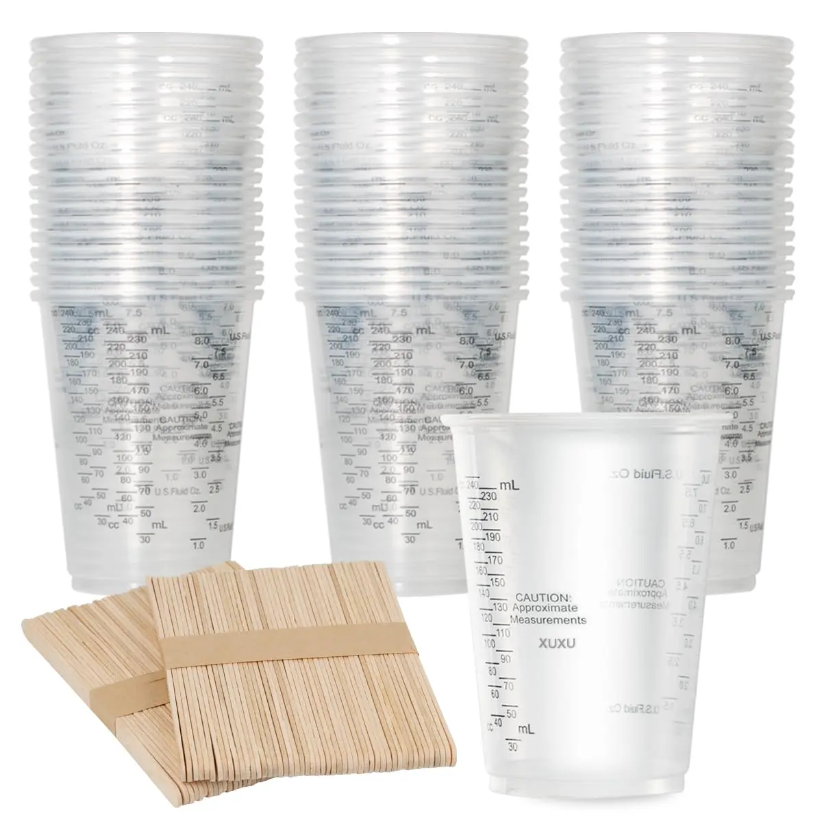 100PCS 8oz Graduated Clear Plastic Measuring Cups with 100pcs Wooden Stirring Sticks for Mixing Paint, Pigments, Epoxy Resins, Resins